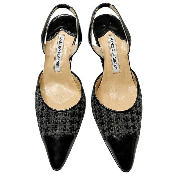 Manolo Blahnik Carolyne Slingback Woven Gray Black Pumps Size 36.5 Heels - Picture 2 of 12